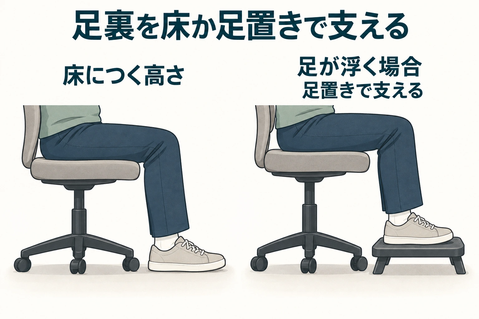 床に足裏をつける場合と、足が浮く場合に足置きで支える場合を分けた座面高の模式図