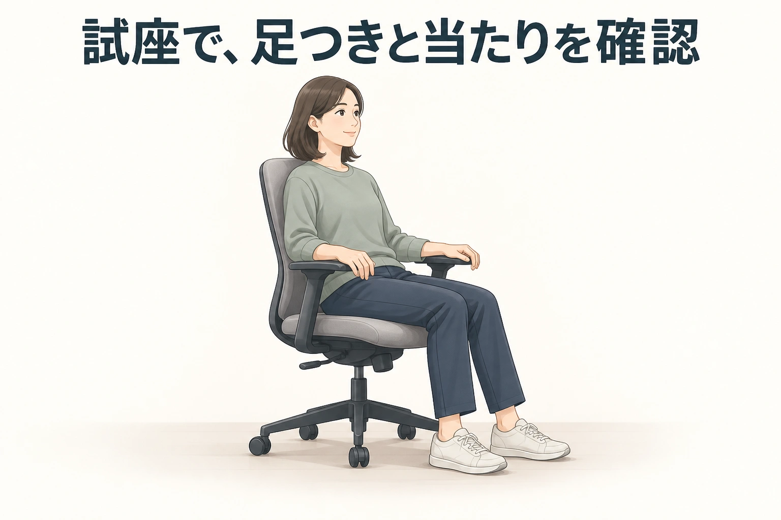 候補のオフィスチェアに座り、足つきや座面・背もたれの当たりを確かめる試座のイラスト