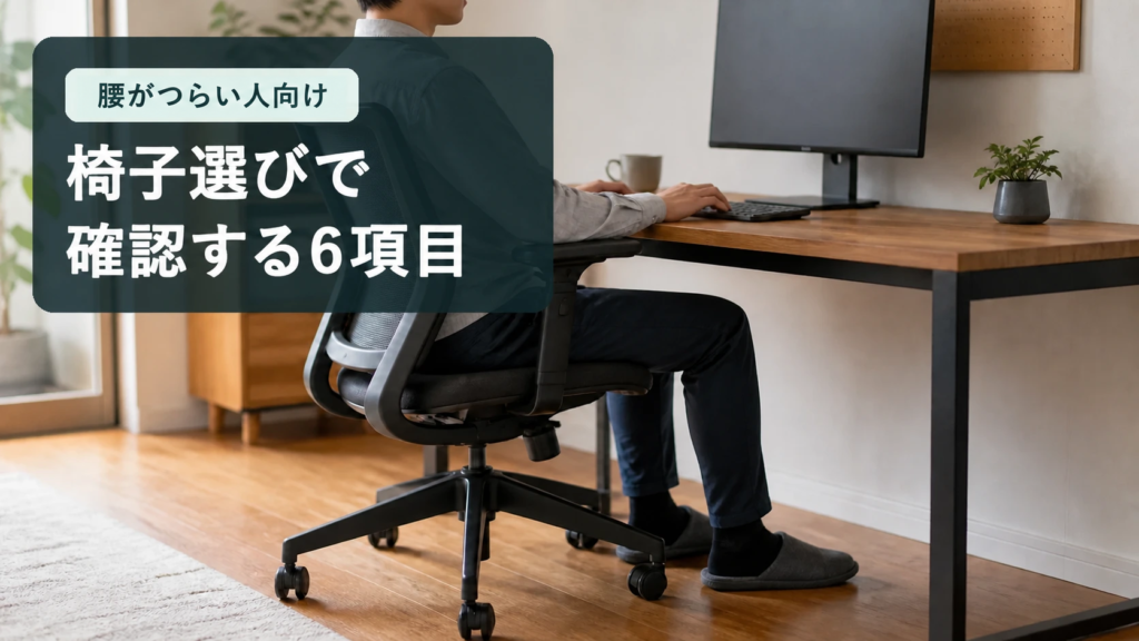 机とオフィスチェアで作業する人と、椅子選びで確認する6項目の見出し