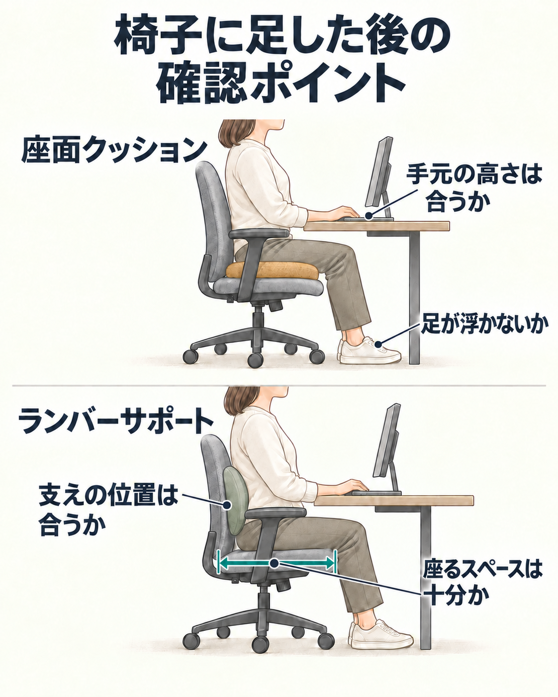 座面クッションと後付けランバーサポートを椅子に足した後、足の置き場・手元の高さ・座るスペース・支えの位置を確認する図
