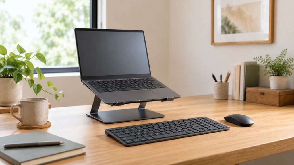 スタンドで持ち上げたノートPCと、机の手前に分けて置いた外付けキーボード・マウス