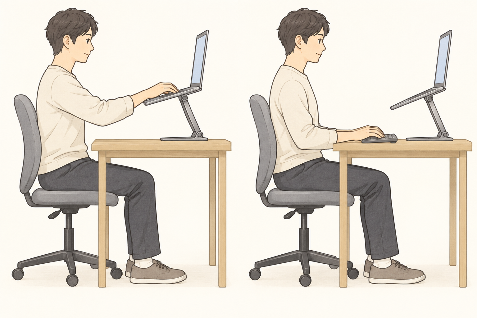 同じ高さのノートPCで、左は内蔵キーボードに腕を上げて入力し、右は机上の外付けキーボードで入力する配置の比較