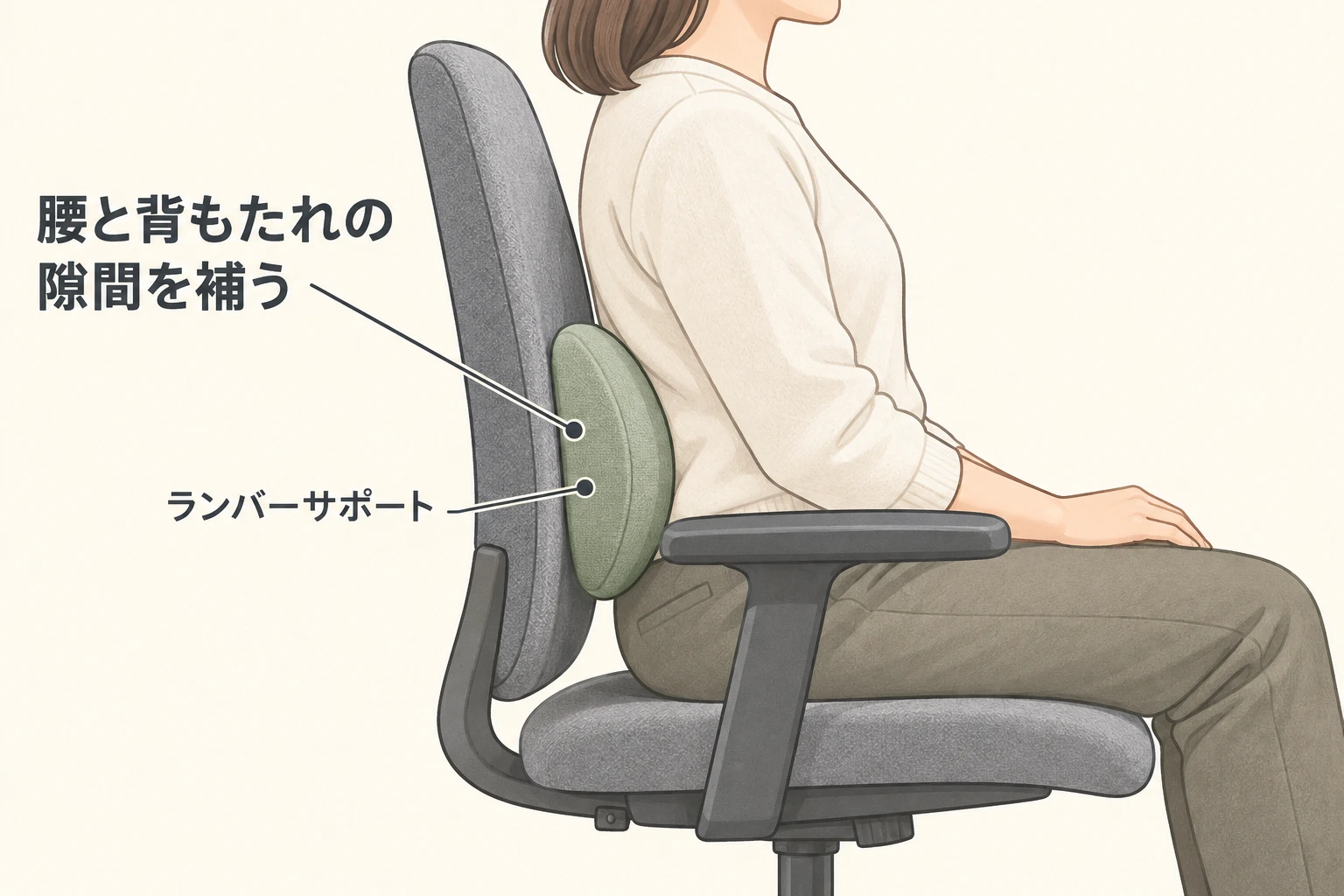 腰と背もたれの間にランバーサポートを置き、隙間を補う位置を示すイラスト