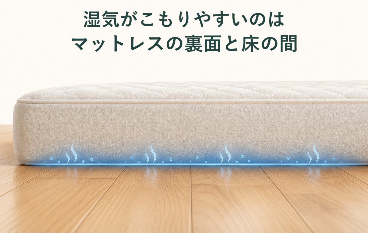 床へ直接敷いたマットレスの裏面と床の接触面に湿気がこもりやすいことを示す模式図