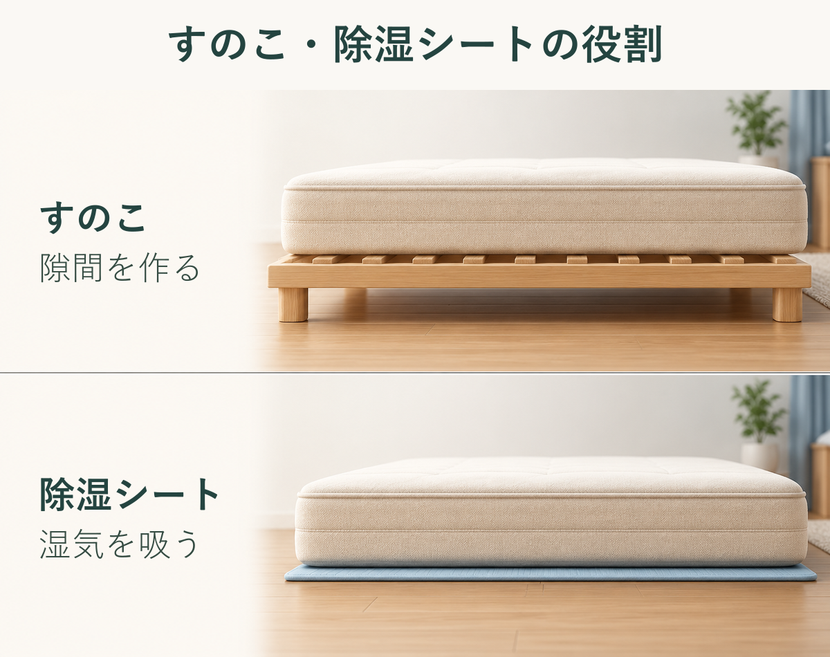 上はすのこで床との隙間を作り、下は寝具と床の間の除湿シートで湿気を吸う役割の違いを示す図